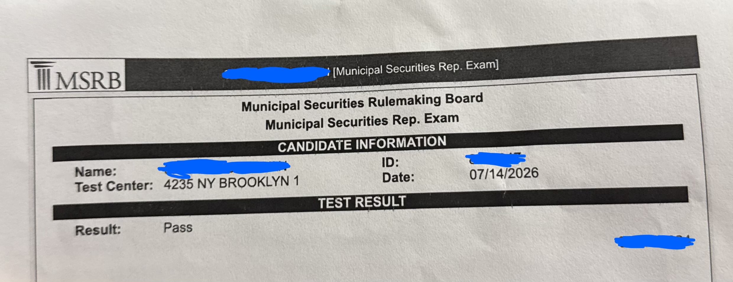 Series 52 pass result